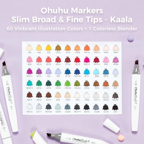 Ohuhu Alcohol Markers Fine& Slim Broad 60 Colors for Adult Beginners Artist
