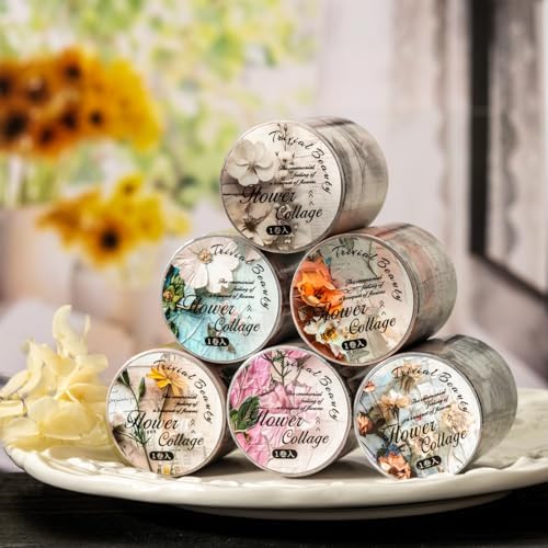 Alideco 6pcs Decorative Adhesive Tapes Vintage Flower Washi Paper Tape Great for Bullet Journal Supplies, Arts, Scrapbook, DIY Crafts, Planners (qihuamanying)