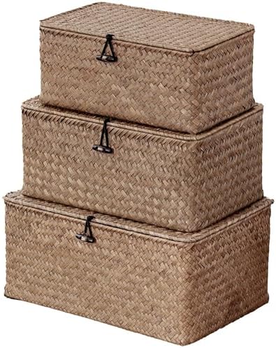 Nonam Wicker Storage Basket with Lid,Seagrass Shelf Basket Set of 3,Coffee