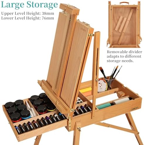 VISWIN French Easel for Painting with Palette, Shoulder Strap & Storage, Adjustable Beech Wood Travel Art Easel Stand, Portable Sketchebox Plein-Air Easel for Adults, Artists, Table Top & Floor Use