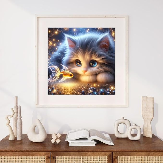 Cat and Goldfish Diamond Art Kits for Adults,Dreamy Diamond Painting Kit for Beginners, Round 5D DIY Dimond art,Full Drill Painting Kit Art and Crafts for Adults Home Wall Decor【13.8x13.8inch】
