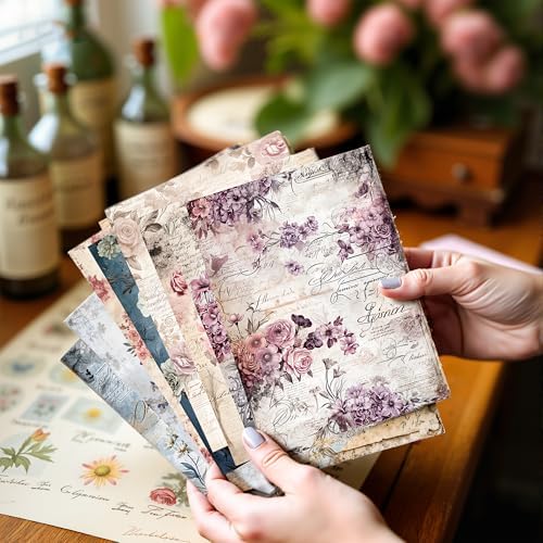 160 Sheets Vintage Flower Scrapbook Paper, Junk Journal Supplies, Purple Pink Flowers with Cursive Script No Repeating Perfect for Junk Journal DIY Cards Craft Albums Scrapbooking Supplies (Purple)