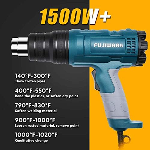 Heat Gun Kit 1500W with Variable Temperature 5 Nozzles, Adjustable Hot Air Gun 122℉-1022℉,Fast Heating for DIY Shrink PVC Tubing/Wrapping/Crafts, Stripping Paint(1500W Rear Cover Temp Adjust)