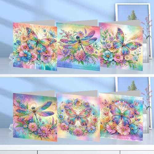 Diamond Art Cards with Envelopes–6PCS DIY Diamond Painting Greeting Cards Kit | Card Making Kit with Bling for Adults & Beginners | Birthday,Holiday & Thank You Cards (Flower Butterfly and Dragonfly)
