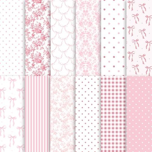 24 Sheets Preppy Pink Bow Scrapbook Paper, Coquette Bow Ribbon and Floral Decorative Craft Paper Folded Flat for Birthday Wedding Baby Shower Card Making Photo Album Decor, 12'' x 12''