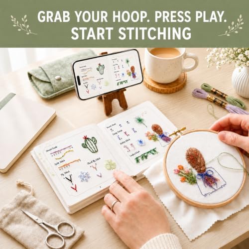 Cikeela Embroidery Stitch Book Beginner with Fabric Pages, 31 Essential Stitches in Structured Learning Order for Adults, DIY Sewing Kit with Floral Motifs, Practice Patterns EmbroideryStitch Book Kit