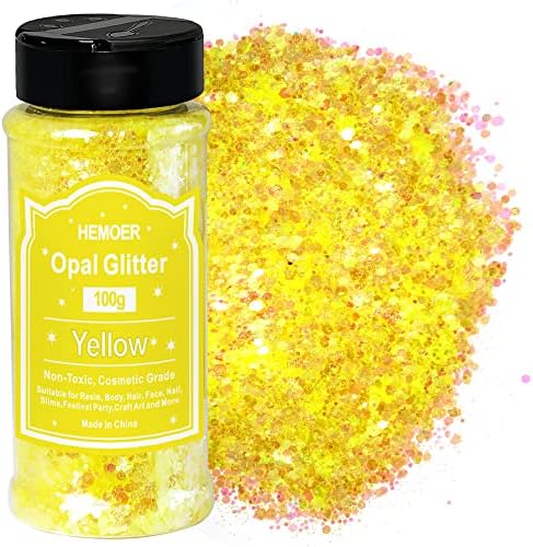 HEMOER Yellow Opal Glitter 100g/3.5oz, Cosmetic Mixed Hexagon Chunky & Fine Craft Glitter Resin Sequins for Epoxy Glass, Resin Art, Body, Hair, Face, Nail, Tumbler, Festival Party