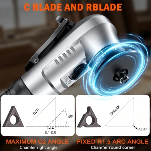 Pneumatic Chamfer Tool, 45 degree tile chamfering tool with 8 C-Angle & 6 R-Angle Blades & 6 durable bearings, Upgrade, Mini Air Chamfer Tool with 1/4 Inch Air Inlet for Metal and Wood-Silver