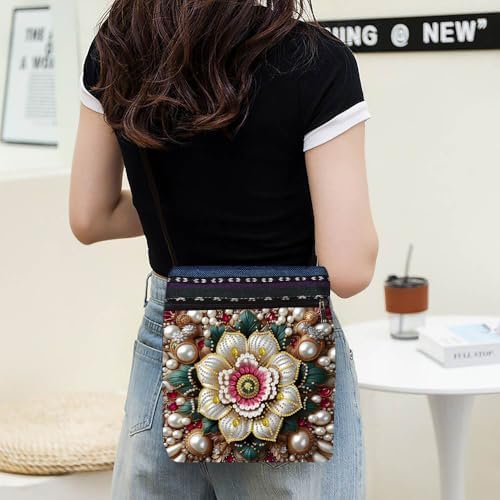 LSQFS DIY Diamond Art Painting Crossbody Bag for Women, Diamond Art Kits for Adults Ethnic Floral Pattern Shoulder Purse with Adjustable Strap & Zipper, Handmade Craft Bag for Shopping Traveling