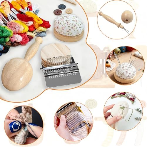 Mini Darning Loom,Egg Knitting Patch Kit with 14 Hooks Small Weaving Loom 13 Pcs Large Eye Needles 50 Color Threads for Handcraft DIY Weaving Repair Tool Darning Kit for Beginners Mending Jeans Socks