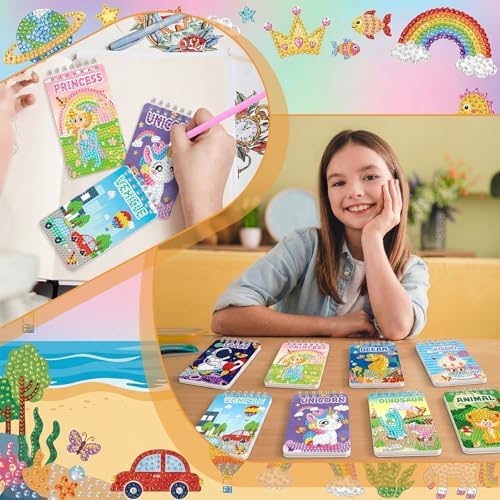 Maitys 8 Set Diamond Art Notebook with Gift Bags Cute Cartoon Notepad DIY Diamond Painting Notebook Set 5d Journal Art Crafts Accessories with Tool for Adults Beginner Birthday Gifts