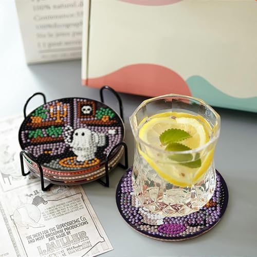 8 Pcs Ghost Diamond Art Coasters Kits for Adults,DIY Halloween Diamond Painting Coaster Kits with Holder,Crystal Full Drill Rhinestone Diamonds Art Diamond Paintings Kit Supplies