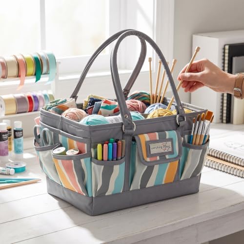 Everything Mary Deluxe Store & Tote Organizer – Grey Stripes Craft Caddy with Handle – Art Storage Tote for Sewing, Scrapbooking, DIY Projects & Crafting Tools