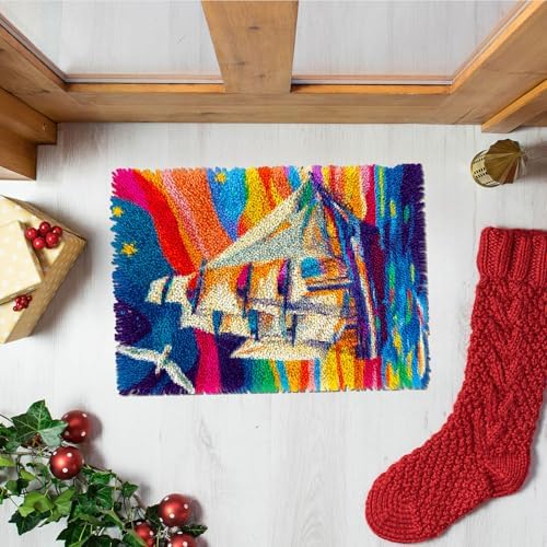 Latch Hook Rug Kit Sailboat in Sea Colorful Sky Pre-Printed Handmade Carpet Crochet Yarn Craft DIY Hook and Latch Door Mat Tapestry for Home Floor Decoration 52x38cm-2