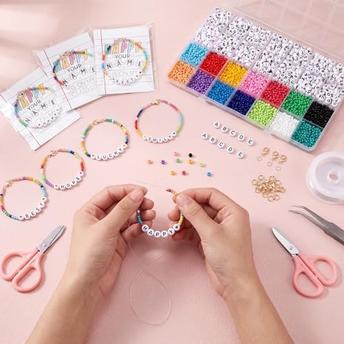 Tondiamo 4760 Pcs Back to School Gifts for Student Name 31 Set Bracelets Making Kit with Greeting Cards First Day of School DIY Adjustable Bead Bracelets Crafts for Teacher Students Party Favors Gifts