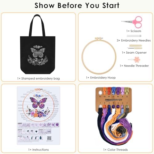 ERKOON Canvas Tote Bag Embroidery Kit for Beginners, Needlepoint Arts Crafts Cross Stitch Kits for Adults Including Stamped Embroidery Bag with Hoops, Needle, Instruction and Color Threads (Butterfly)