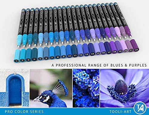 Acrylic Paint Pens 22 Blue & Purple Tones Assorted Pro Color Series Markers Set 0.7mm Extra Fine Tip for Rock Painting, Glass, Mugs, Wood, Metal, Canvas, Projects, Non Toxic, Waterbased, Quick Drying