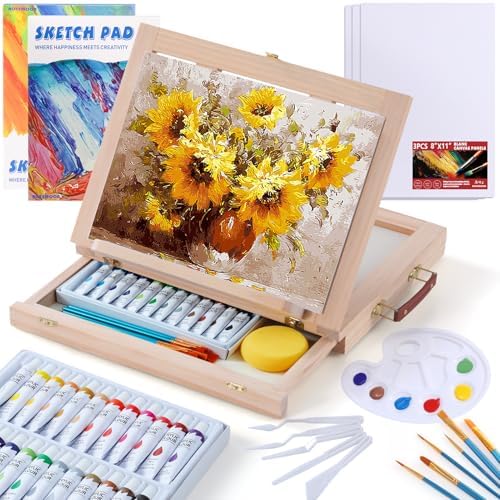 Portable Wooden Tabletop Art Easel Set with 24 Acrylic Paints for Painting | Art Paint Kit with Acrylic Tubes, Canvas Panels, Sketch Pads, Brushes, Knives, Palette for Beginners Young Artists and Adults