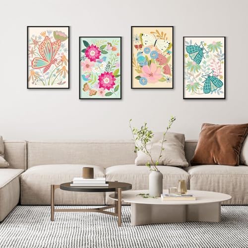 Camocin 4 Pack Framed Paint by Numbers Kit for Adults with Wooden Easel | Flowers & Butterfy Vintage Floral Garden Artwork, DIY Canvas Painting Set, Beginner Friendly, Home Wall Decor, 8x12 Inch