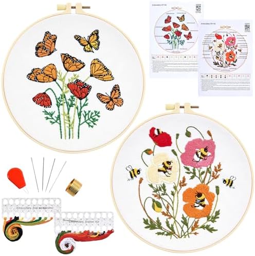 Flowers Embroidery Kits for Beginners Adults, Butterfly Hand Embroidery Starter Kits, Bee Cross Stitch Kits for Beginner Needlepoint DIY Kits for Adult, 2 Set Embroidery Hoops, Thread & Video Tutorial