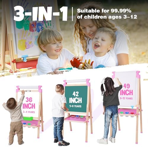 JOYOOSS Easel for Kids Art Easel for Toddlers,Wooden Kid Easel with Paper Roll - Chalkboard for Kids Adjustable Double Sided Kid Dry Erase Board,Outdoor Art Easel Toddler
