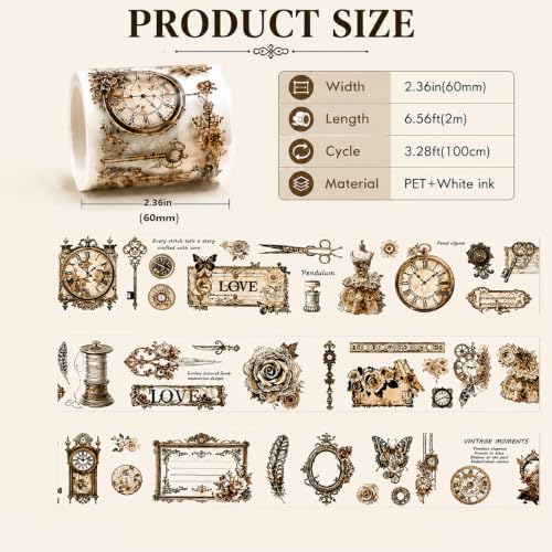 1 Roll PET Tape Stickers for Journaling, Vintage Scrapbook Decorative Tape