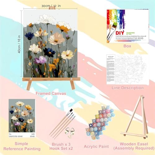 Flower Paint by Numbers for Adults with Framed Canvas - with Wooden Easel