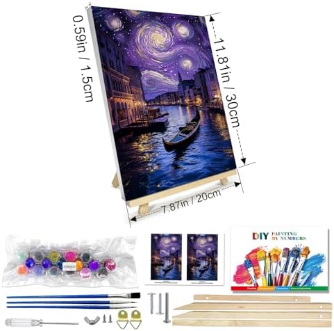JOOZ Paint by Numbers Kit for Adults with Frame, Starry Night Paint by Numbers with Easel, DIY Town River Boat Paint by Numbers Landscape for Home Wall Decor 8 x 12 Inch
