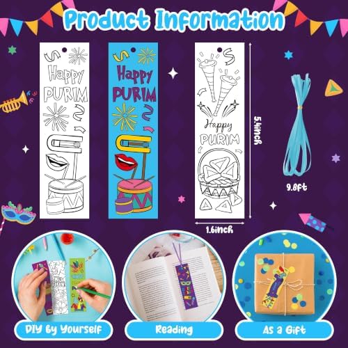 72Pcs Purim Color Your Own Bookmarks, Coloring Blank Bookmarks for Kids