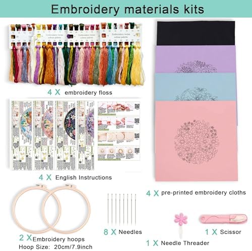 Harimau Adult Beginner Embroidery Starter Kit, Complete Set with 4 Patterns, 2 Hoops, Needles, Scissors, Instruction Guide & Stitching Video Tutorials