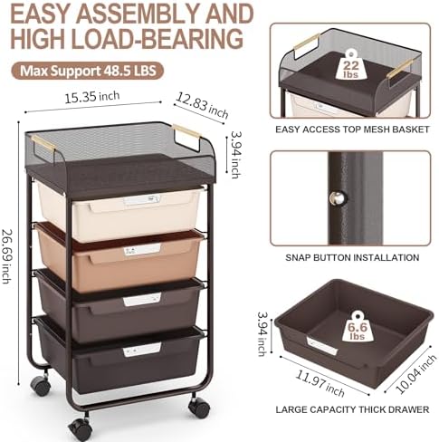 SYKIARIOL 4-Drawer Rolling Storage Cart with Mesh Top,Brown