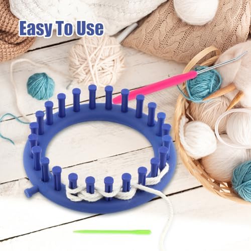 Round Knitting Looms Set, Plastic Loom Knitting Set with Crochet and Plastic Needle, Scarf Hats Making Tools, DIY Crocheting Handmade Craft Kit for Beginners and Knittings Lover (Blue, 5.5inch)