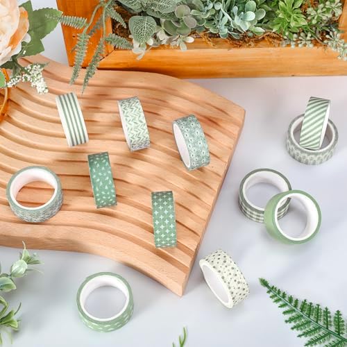 Whaline 12 Rolls Sage Green Floral Washi Tape Masking Tape Set Flower Leaves Plaid Striped Decorative Wrapping Paper Tapes Boxed for Wedding Scrapbook Journal DIY Crafts