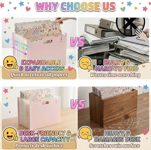 12x12 Scrapbook Paper Storage Organizer with 13 Expandable Pocket, Large Scrapbook Storage for Craft Room Organization, Sticker Storage, Desktop Paper Holder (Pink)