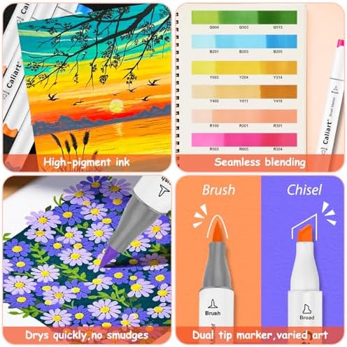 Caliart Alcohol Markers 121 Colors Brush & Chisel Tip Art Markers Pens Set | Permanent Alcohol Brush Markers with Carry Case for Adult Coloring Books Illustration, Artist Drawing & Beginner Sketching