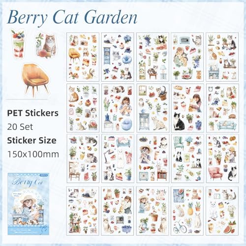 Cat Series Sticker Scrapbooking Supplies for Junk Journal, 20 Sheets PET Stickers