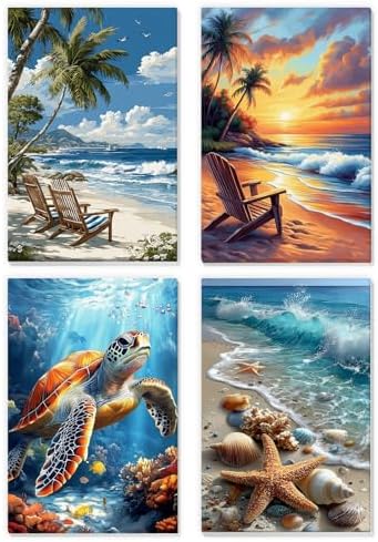 NEWENMO 4 Pack Paint by Numbers for Adults with Wooden Framed, Beach Sunset, Paint by Number Kits on Canvas for Beginner, DIY Acrylic Oil Painting Kits for Home Decor 8x12 inch, Sea Turtle