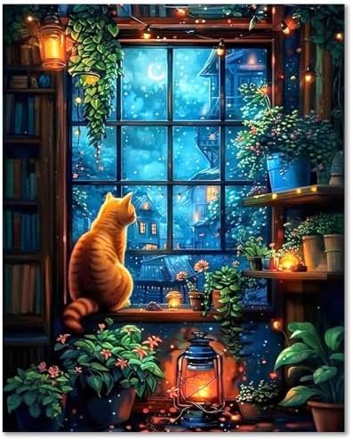 Night Paint by Numbers Kit for Adults, Adult Paint by Number Cat 16x20 Inch
