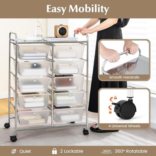 LDAILY 10 Drawer Rolling Cart, Storage Cart Organizer on Wheels, Drawer Cart with Metal Frame & Large Storage Capacity, Rolling Cart with Drawers for Living Room Classroom, Office