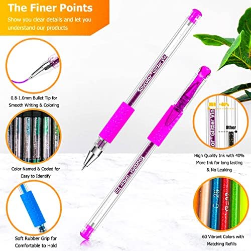 Soucolor 120 Pack Gel Pen 60 Glitter & 60 Refillss for Adult Coloring Books