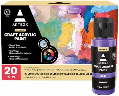 ARTEZA Craft Acrylic Paint, Set of 20 Vintage Tones, 2.02-oz/60 ml Bottles, Water-Based, Matte Finish, Matte Acrylic Paint Set for Art & DIY Outdoor Projects on Glass, Wood, Ceramics, Fabrics, Paper & Canvas