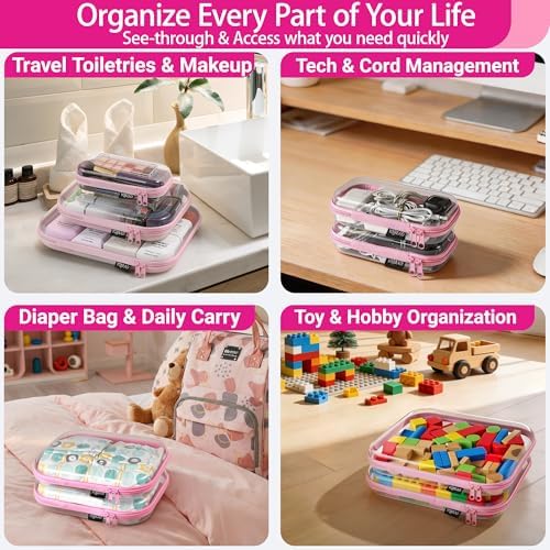 YQBRAO Clear Hard Shell Zipper Cases, 6 Multi-Size Organizers, Pink