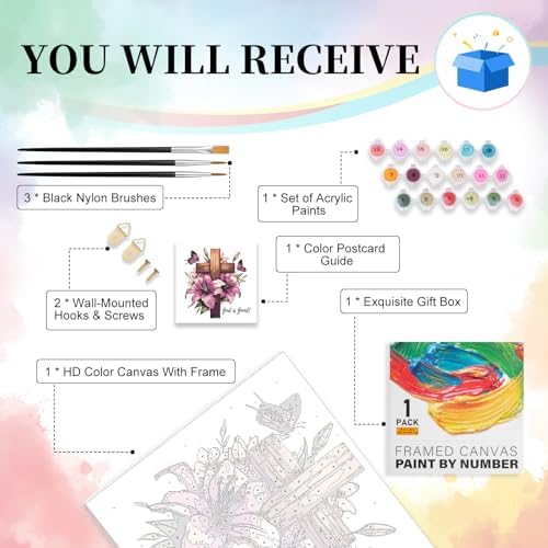 Camocin Framed Paint by Numbers Kit for Adults Beginner - Religious Cross and Lily Paint by Number Canvas with Frame, Faith DIY Acrylic Painting Kit for Christian Home Wall Decor 12x12 Inch