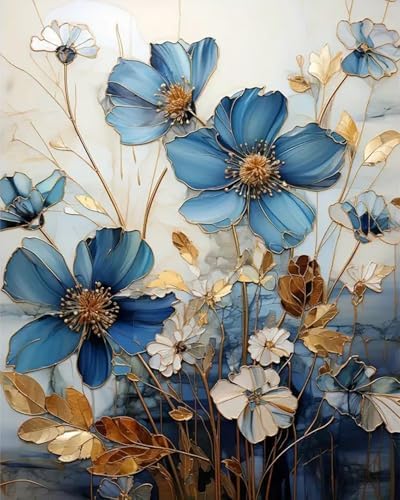 JATOK Paint by Numbers Kit for Adults, Blue Floral Elegance, 16 x 20 in