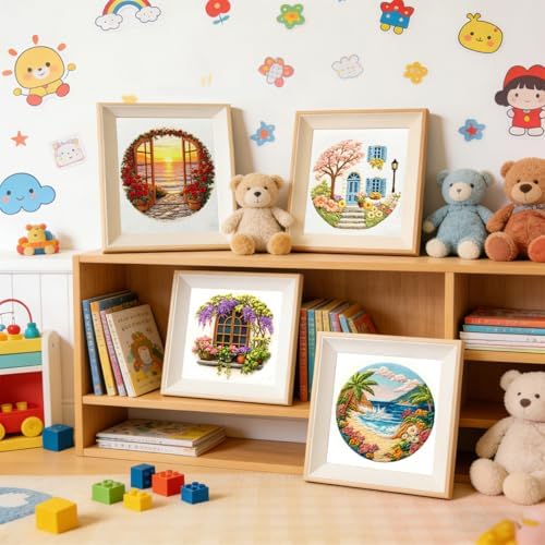 Zhenqing 4 Landscape Scenes Embroidery Kit for Beginners, 4-Pack Circular Designs with 20cm Hoop, Pre-Printed 29x29cm Cotton Fabric & Threads for Home Decor (JC0038)
