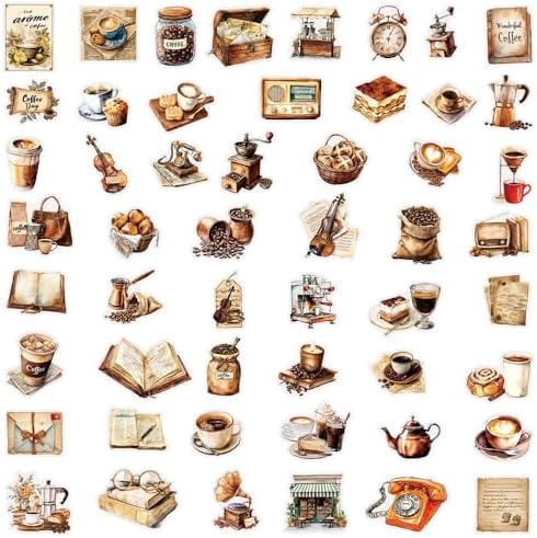 50Pcs Vintage Stickers,Waterproof Transparent PET Aesthetic Decorative Sticker Scrapbooking Supplies for Adult Card Making Letters Planner Journaling Junk Journal DIY Water Bottles Art Craft.Coffee