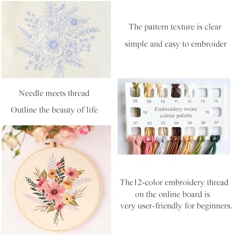 Silentsea Embroidery Kit, Floral and Nature Designs, with Hoops, Needlework Pattern Set (Flower)