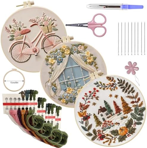 SCECALA 3 Pack Fall Pink Bicycle Flower Embroidery Kit