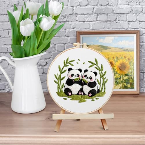 ERKOON Embroidery Kit for Beginners Adult, Cross Stitch Set Include Embroidery Cloth Hoop Threads for Craft Lover Hand Stitch with Embroidery Skill Techniques (Panda)