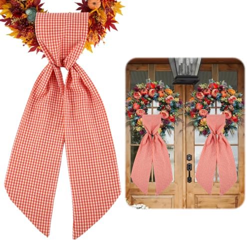 2 Pack Fall Wreath Sash for Front Door, Buffalo Plaid Sash for Monogram Embroidery, Front Door Porch Decor, Autumn Thanksgiving Wreath Accessories, 5'' W x 54'' L